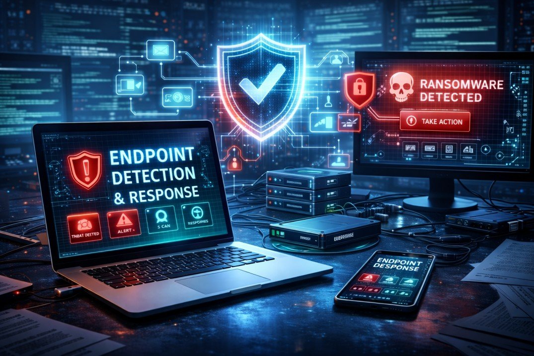 Endpoint detection and response system monitoring business networks for ransomware threats and cyber attacks