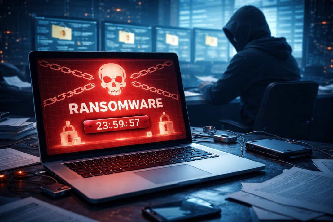 Ransomware attack encrypting business data with locked files showing cybersecurity threat to companies